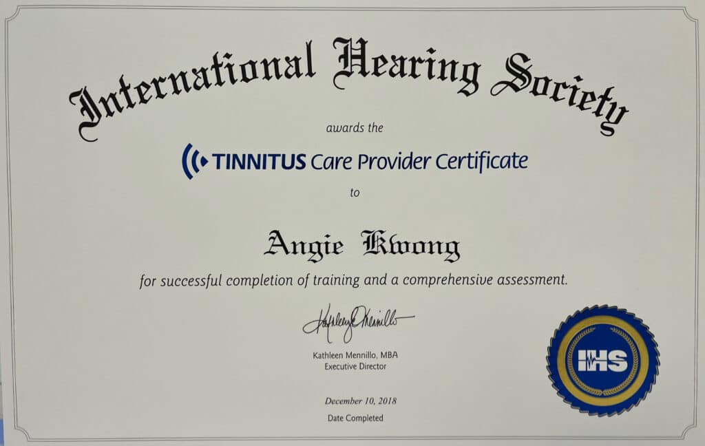 tinnitus care provider certificste angie kwong central hearing